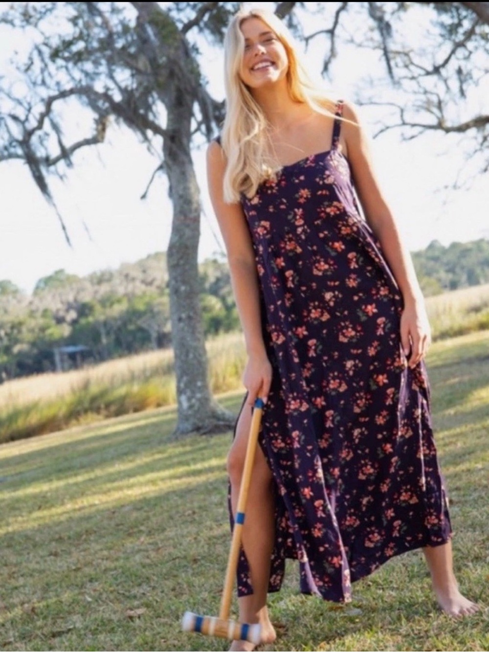 Natural Life Floral Maxi Dress Size L/ Xl 100%Rayon Cottagecore Boho Side Slits